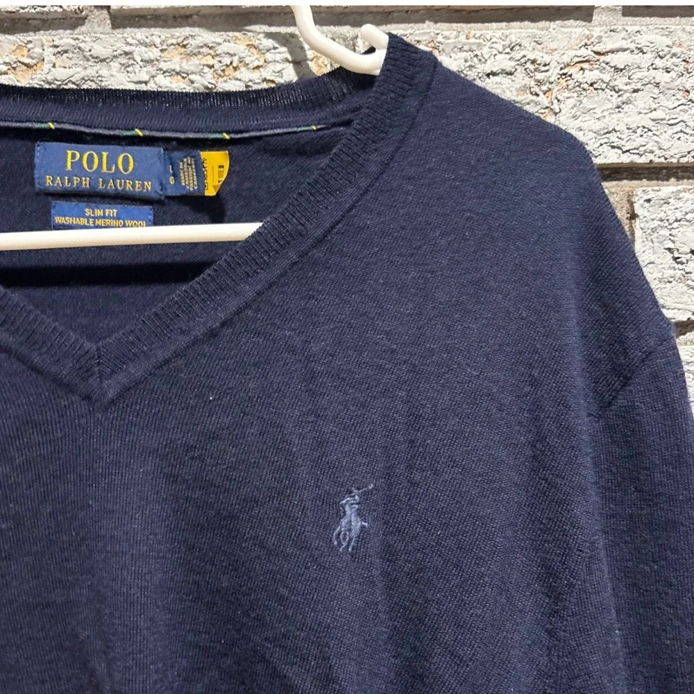 Polo Ralph Lauren Mens Navy Blue Washable Merino Wool V-Neck Sweater Slim Fit L